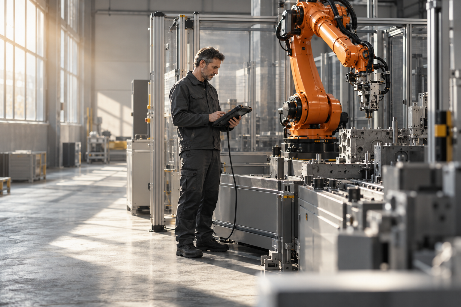 Visuelles Konzept: Spezialist mit Bediengerät an einer industriellen Roboterzelle